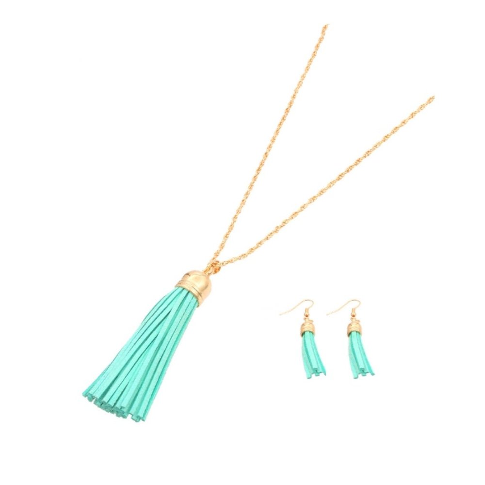 Mint Suede Tassel Long Goldtone Chain Necklace Set